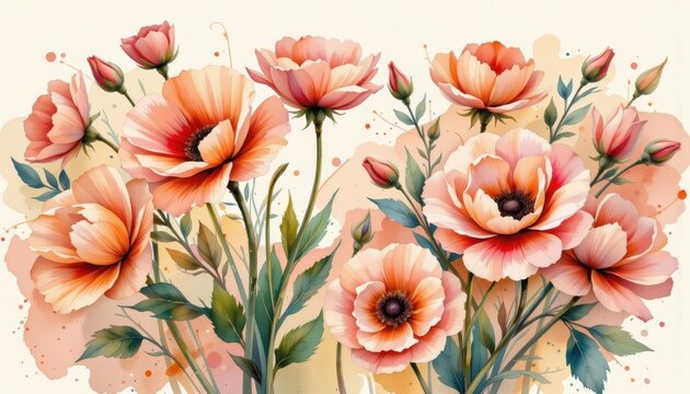 A serene watercolor panorama of ranunculus, in a flowing watercolor style, with peach and warm rose tones, on textured paper, sweeping strokes, soft gradients, tranquil essence