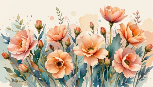 A serene watercolor panorama of ranunculus, in a flowing watercolor style, with peach and warm rose tones, on textured paper, sweeping strokes, soft gradients, tranquil essence