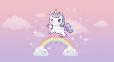 Adorable Cartoon Unicorn Leaping Over Rainbow in Pastel Sky Fantasy Illustration