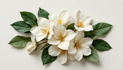 Elegant cluster of gardenias in a minimalist style, with ivory and mint green tones, smooth curves, balanced composition, modern aesthetic, high resolution