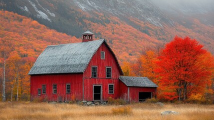 Red barn autumn mountain landscape postcard