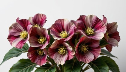 Elegant cluster of hellebores in a minimalist style, with plum and muted green tones, smooth curves, balanced composition, modern aesthetic, high resolution