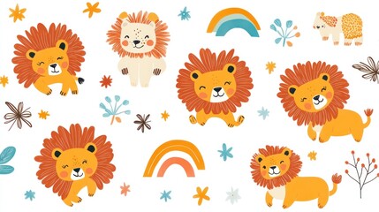 Cute lion cubs playful design, rainbow, flowers, children's illustration