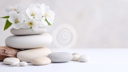Serene spa stones and blossoms.  Delicate white flowers atop stacked stones, accented by driftwood and a soft color palette