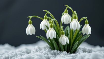 Elegant cluster of snowdrops in a minimalist style, with pure white and frosty green tones, smooth curves, balanced composition, modern aesthetic, high resolution