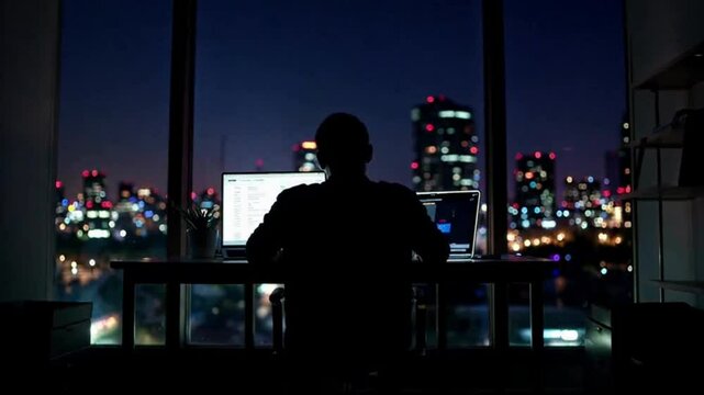 Silhouette of a office worker sitting in office chair at a table with laptop computer in dark room at night; night cityscape out the window of the office; a man working overtime in a dark office; back