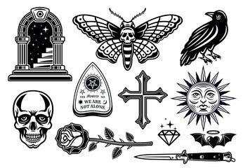Collection of vintage tattoo elements, including a rose, knife, moth, skull, raven, ouija arrow, and more. A perfect blend of dark, gothic, and mysterious designs. Set of vector illustrations