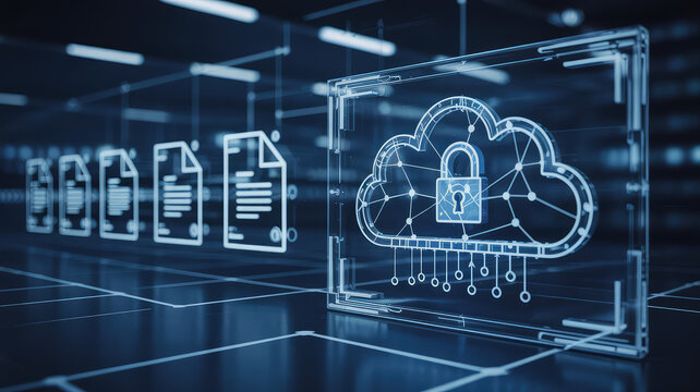 Digital Fortress: A digital representation of secure data storage in the cloud, with glowing lines and padlocked cloud image representing the data security. - Powered by Adobe