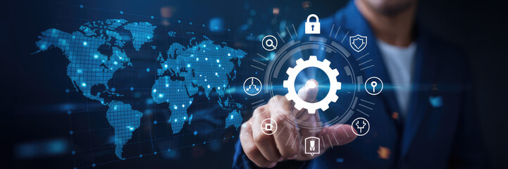 Digital Innovation: A man in a suit interacts with a futuristic interface, representing a cutting-edge approach to global digital innovation. The composition is a blend of technology.