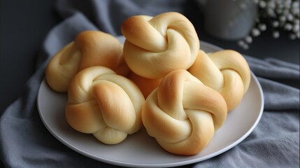 plate of golden knotted rolls sits nestled against soft grey cloth ready to be savored and enjoyed isolated on png transparent background