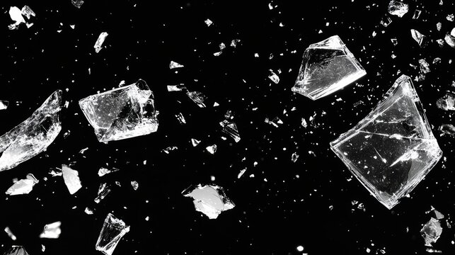 Broken glass fragments scattered across a dark backdrop, suitable for overlay and screen layer effects, with shattered remnants, an illustrative piece