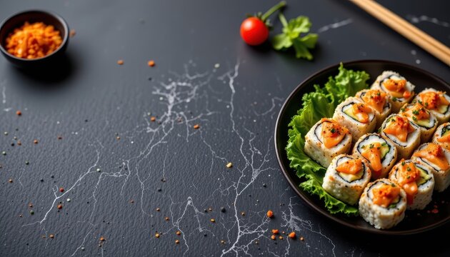 Tempting sushi platter in the top right corner on a charcoal background, in a clean food photography style, with warm studio radiance, spacious layout, high resolution