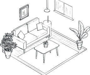 Isometric sketch of a living room interior with sofa table plants rug and window