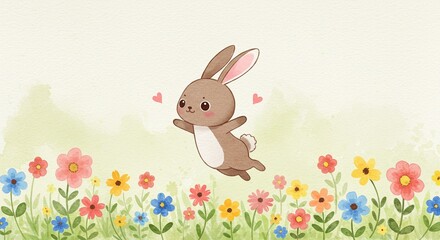Adorable Brown Bunny Rabbit Hopping Over Colorful Spring Flowers Watercolor Illustration