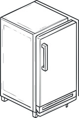 Isometric line art illustration of a modern white refrigerator with a single door and handle