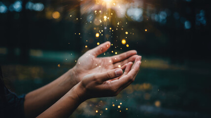Embracing the Spark: A pair of outstretched hands, gently cupping and capturing a radiant golden light, symbolizes hope, wonder, and the acquisition of celestial energy.