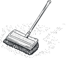 Hand drawn sketch of a broom with a long handle sweeping dust on a surface for cleaning purposes