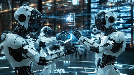Robots Fighting in Futuristic Laboratory with Blue Lights