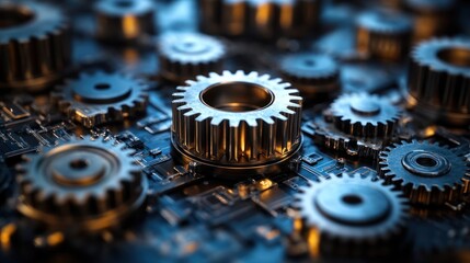 Many metallic gears and cogs scattered on a dark surface with shallow depth.