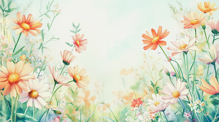 watercolor botanical Chamomile flowers texture template background.Elegant wedding invitation card background . Minimal hand painted Design for wedding or Valentine's Day