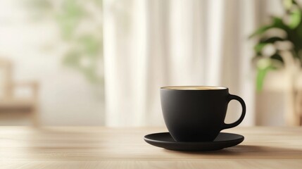Fototapeta premium Black Coffee Cup on Wooden Table by Window