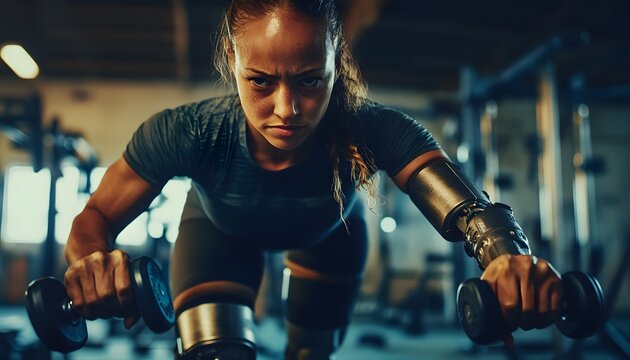 Determined female athlete with prosthetic limb, performing strength training.