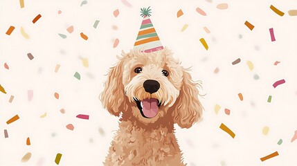 Happy, festive golden doodle enjoying a celebratory occasion.
