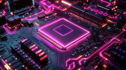 Fototapeta premium Computer chip with pink neon glow on circuit board close up.