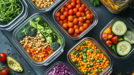 Healthy meal prep with colorful vegetables and protein-rich foods. 