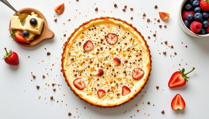 Tempting cheesecake in the top left corner on a white background, in a clean food photography style, with warm studio radiance, spacious layout, high resolution