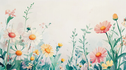 watercolor botanical Chamomile flowers texture template background.Elegant wedding invitation card background . Minimal hand painted Design for wedding or Valentine's Day