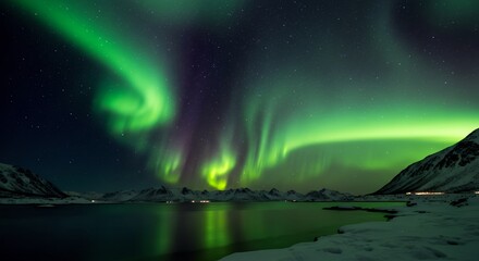 Naklejka premium Witnessing Majestic Northern Lights Display Over Calm Waters in Winter