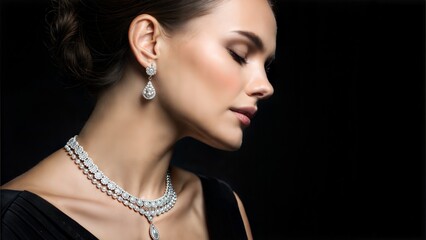 Close-up of a woman wearing sophisticated jewelry against a dramatic black background. (Jewelry)