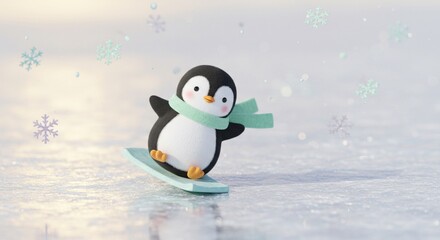 Adorable Penguin Snowboarding on Icy Surface Winter Fun Cute Cartoon Animal