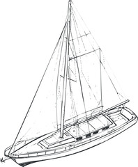 Detailed black and white sketch of a classic sailboat with mast and sails for nautical and marine themes