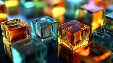 Colorful Glass Cubes Reflecting Light on Dark Surface