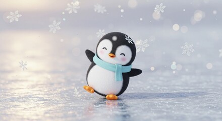 Adorable Penguin Chick Dancing on Ice in Winter Wonderland Scene