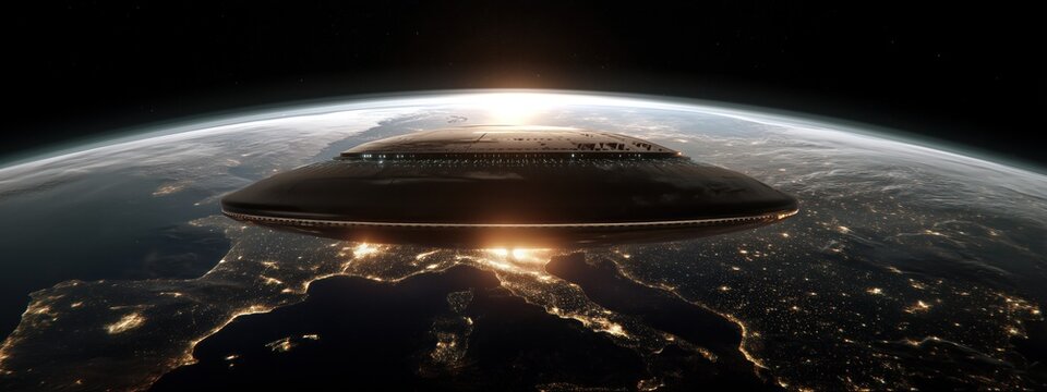 Un objet volant non identifi&eacute; survolant la plan&egrave;te Terre illumin&eacute;e, fond sombre et lumineux, vue sur le continent europ&eacute;en, image avec espace pour texte.
