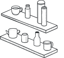Black and white line art illustration of various cups and bottles on two floating shelves
