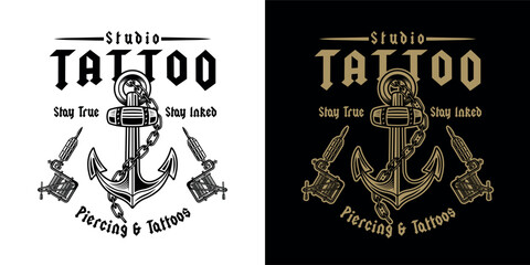Tattoo studio emblem with anchor and tattoo machines in ltwo styles. Perfect for tattoo shop branding, apparel, stickers, and retro style designs. Nautical theme with bold detailing