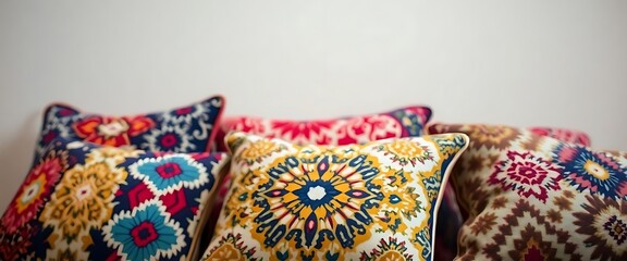 bunch of pillows that are on a table