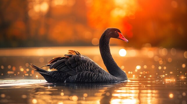 Striking black swan gliding across a tranquil lake elegant feathers reflecting in the water under a golden sunset ultra HD wildlife portrait