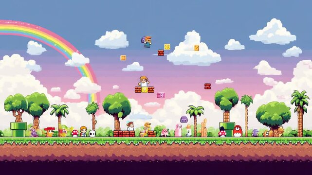 Colorful pixel art platform game landscape with rainbow trees clouds and characters