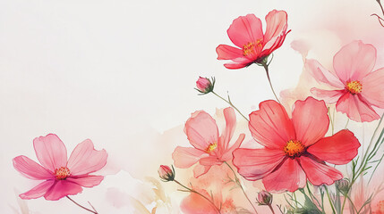 Naklejka premium watercolor botanical Cosmos flowers texture template background.Elegant wedding invitation card background . Minimal hand painted Design for wedding or Valentine's Day