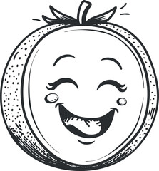Black and white cartoon illustration of a happy smiling orange fruit with an expressive face.