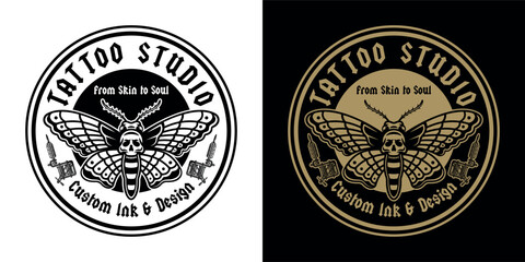 Obraz premium Tattoo studio emblem with moth and tattoo machine. In two styles vector illustration in gothic and old school style. Perfect for tattoo designs, prints, and artistic compositions