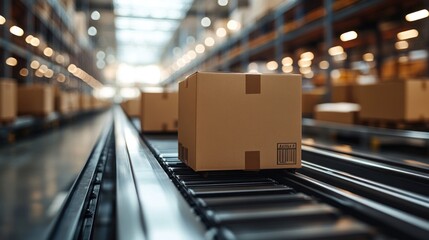 Cardboard boxes move on a conveyor belt in a warehouse setting.