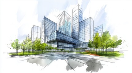 Obraz premium Architectural sketch, perspective view of modern skyscrapers, light gray black lines, light green-toned trees and landscaping