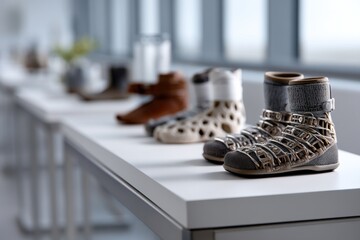 A carefully curated collection of modern footwear displayed on a table captures the essence of contemporary fashion trends and versatile styles catering to diverse tastes.