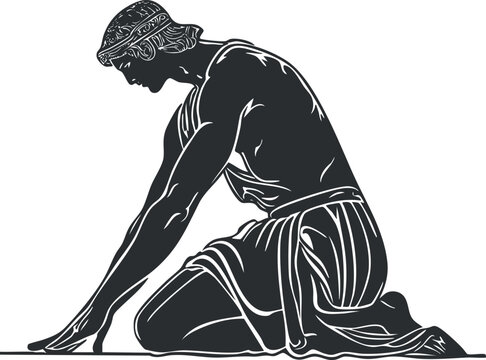 Illustration of an ancient Greek male figure kneeling gracefully in classical attire with a headband.